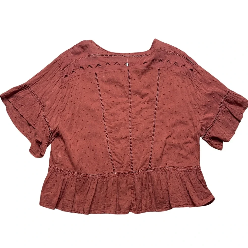 Free People Embroidered Swiss Dot‎ Ruffle Layering Top Blouse Boho Clay S